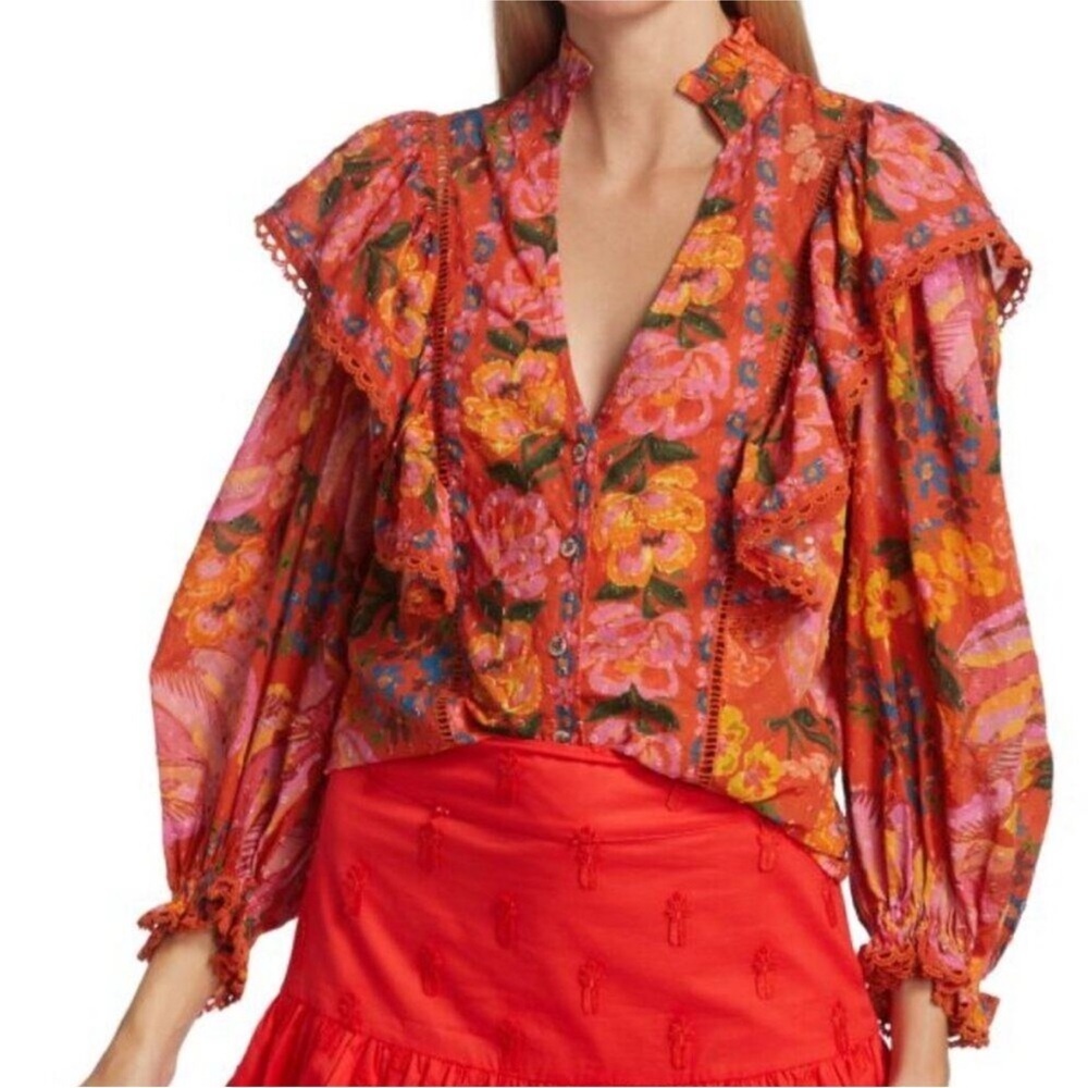 FARM Rio Red Spring Bananas Blouse Size Medium NWT - Picture 3 of 11
